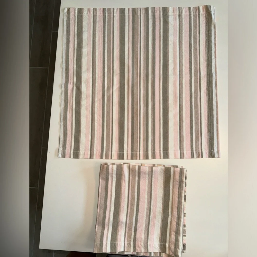 West Elm linen Pink/Taupe/White striped napkins or place settings.
